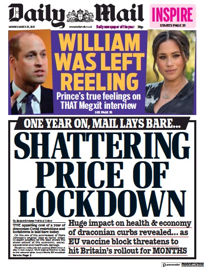 Daily Mail (UK) Newspaper Front Page for 22 March 2021