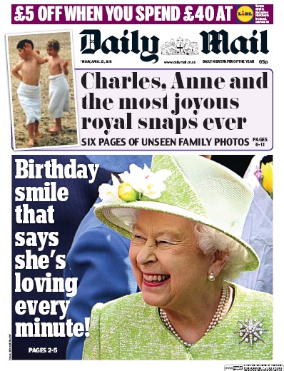 Daily Mail Newspaper Front Page for 22 April 2016