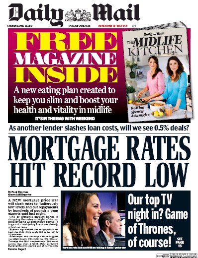 Daily Mail Newspaper Front Page for 22 April 2017