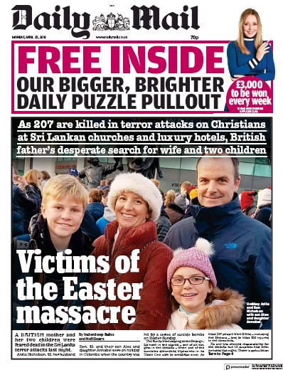 Daily Mail Newspaper Front Page for 22 April 2019
