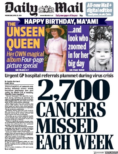 Daily Mail (UK) Newspaper Front Page for 22 April 2020
