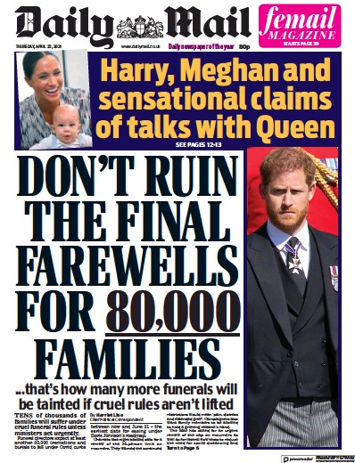 Daily Mail (UK) Newspaper Front Page for 22 April 2021