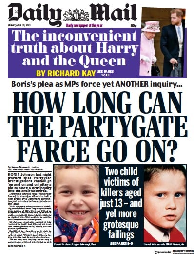 Daily Mail Newspaper Front Page for 22 April 2022