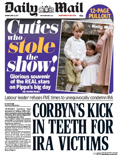 Daily Mail Newspaper Front Page for 22 May 2017