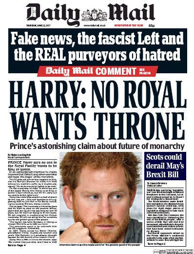 Daily Mail Newspaper Front Page for 22 June 2017