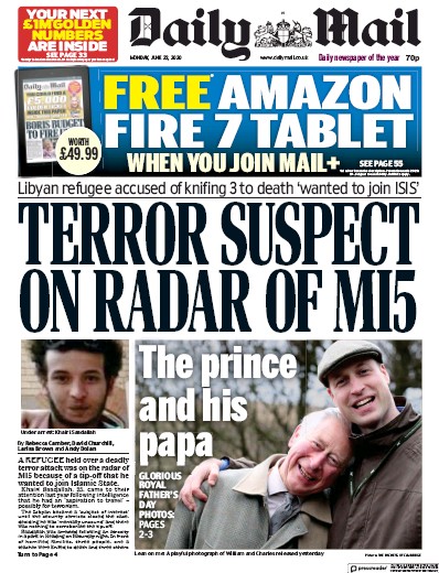 Daily Mail Newspaper Front Page for 22 June 2020