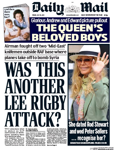 Daily Mail Newspaper Front Page for 22 July 2016