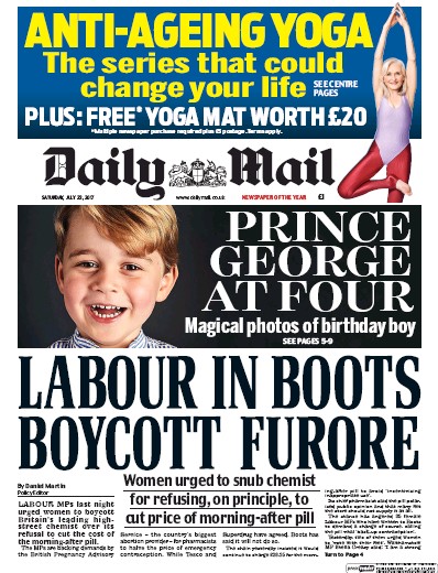 Daily Mail (UK) Newspaper Front Page for 22 July 2017