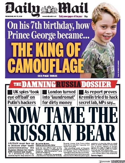Daily Mail Newspaper Front Page for 22 July 2020