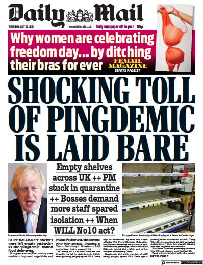Daily Mail (UK) Newspaper Front Page for 22 July 2021