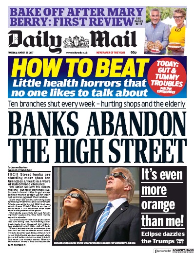 Daily Mail Newspaper Front Page for 22 August 2017