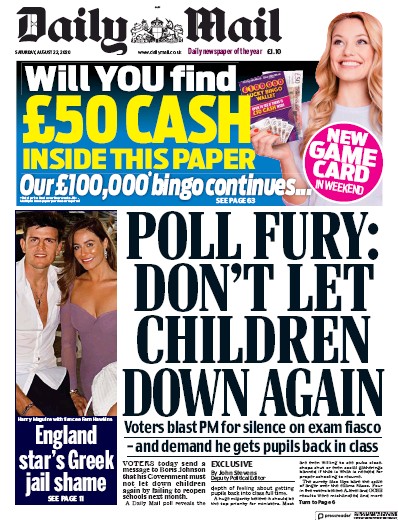 Daily Mail Newspaper Front Page for 22 August 2020