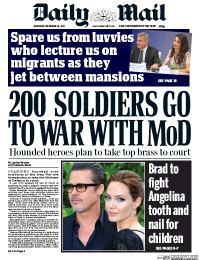 Daily Mail Newspaper Front Page for 22 September 2016