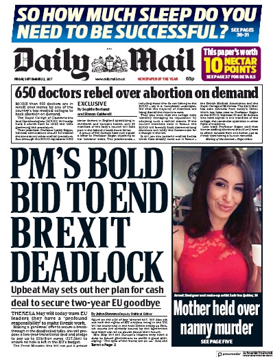 Daily Mail Newspaper Front Page for 22 September 2017