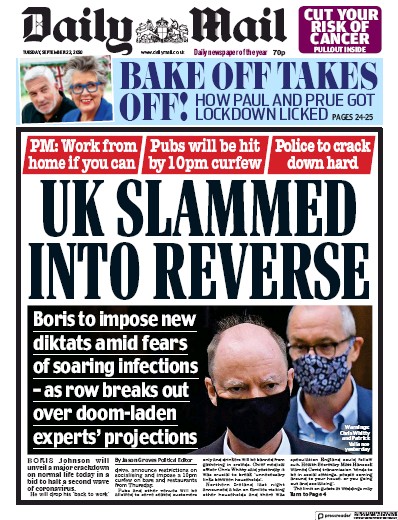 Daily Mail Newspaper Front Page for 22 September 2020