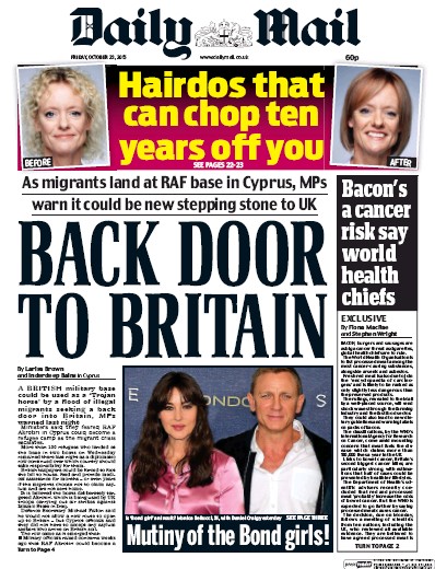 Daily Mail Newspaper Front Page for 23 October 2015