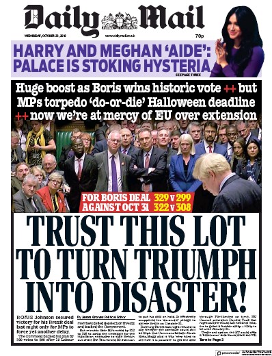 Daily Mail Newspaper Front Page for 23 October 2019