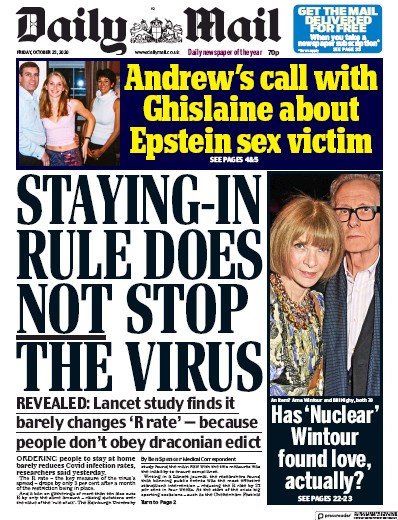 Daily Mail Newspaper Front Page for 23 October 2020