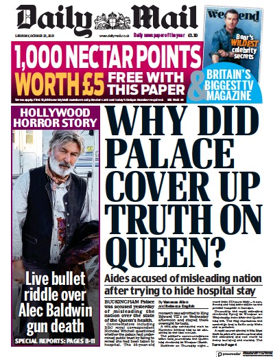 Daily Mail (UK) Newspaper Front Page for 23 October 2021