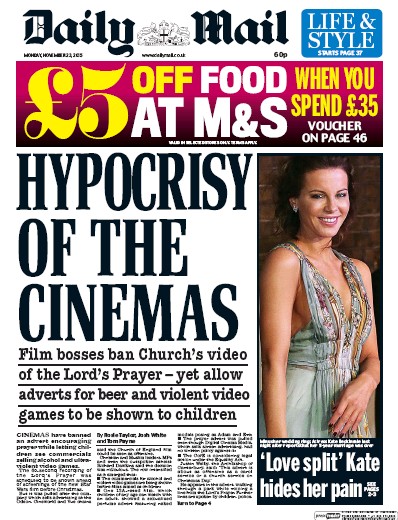 Daily Mail Newspaper Front Page for 23 November 2015