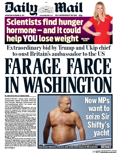 Daily Mail Newspaper Front Page for 23 November 2016
