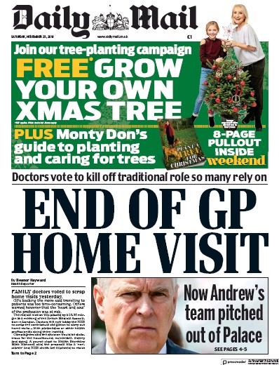 Daily Mail Newspaper Front Page for 23 November 2019