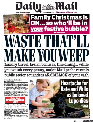 Daily Mail Newspaper Front Page for 23 November 2020