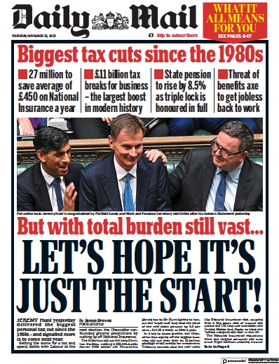 Daily Mail (UK) Newspaper Front Page for 23 November 2023