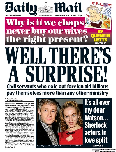 Daily Mail Newspaper Front Page for 23 December 2016