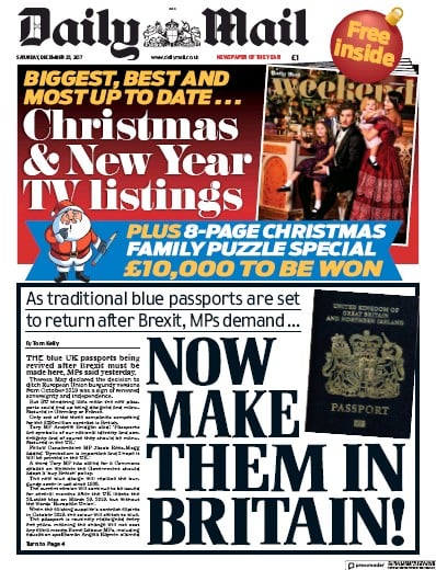 Daily Mail (UK) Newspaper Front Page for 23 December 2017