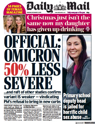Daily Mail (UK) Newspaper Front Page for 23 December 2021