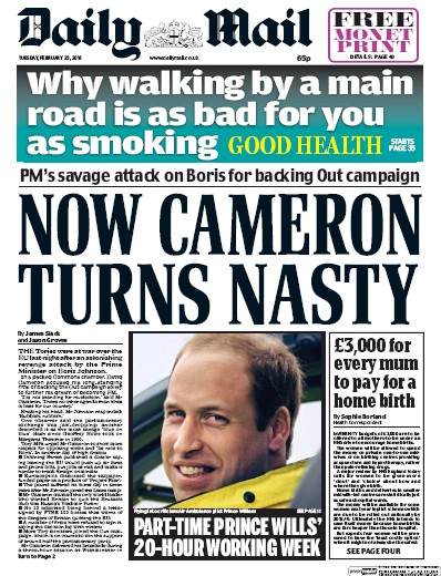 Daily Mail Newspaper Front Page for 23 February 2016