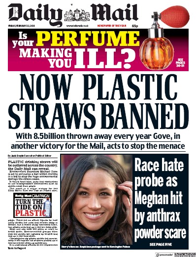 Daily Mail Newspaper Front Page for 23 February 2018
