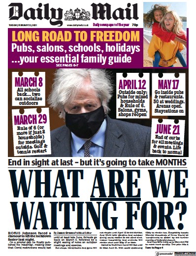 Daily Mail (UK) Newspaper Front Page for 23 February 2021