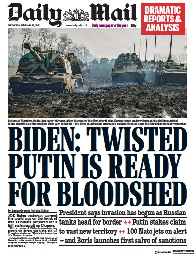 Daily Mail (UK) Newspaper Front Page for 23 February 2022