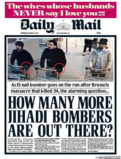 Daily Mail Newspaper Front Page for 23 March 2016