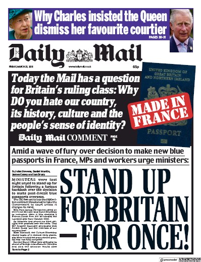 Daily Mail Newspaper Front Page for 23 March 2018