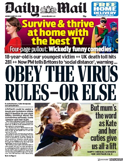 Daily Mail (UK) Newspaper Front Page for 23 March 2020