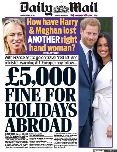 Daily Mail (UK) Newspaper Front Page for 23 March 2021