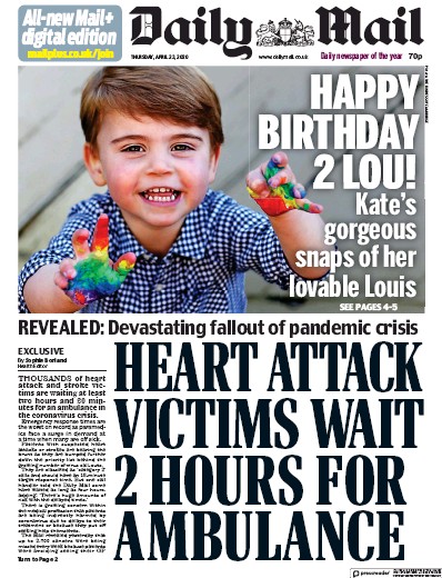 Daily Mail Newspaper Front Page for 23 April 2020