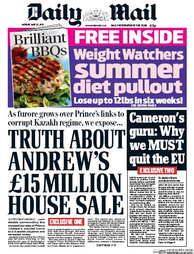 Daily Mail Newspaper Front Page for 23 May 2016