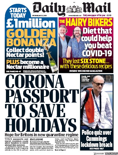 Daily Mail Newspaper Front Page for 23 May 2020
