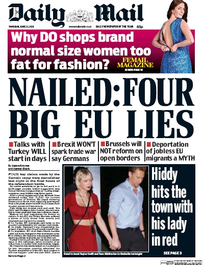 Daily Mail Newspaper Front Page for 23 June 2016