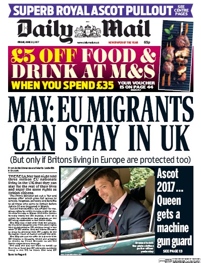 Daily Mail Newspaper Front Page for 23 June 2017