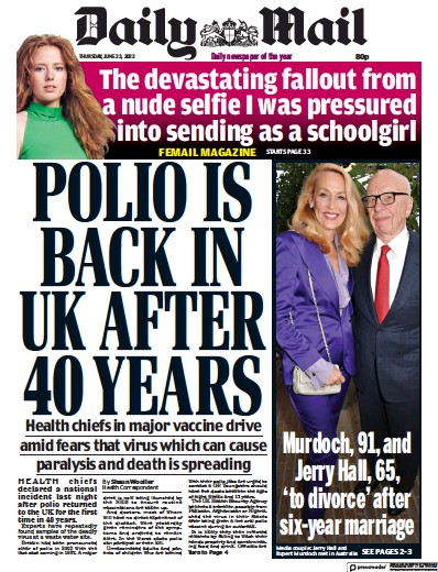 Daily Mail (UK) Newspaper Front Page for 23 June 2022
