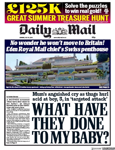 Daily Mail Newspaper Front Page for 23 July 2018