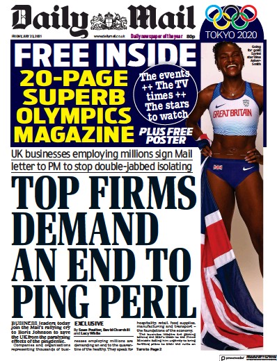 Daily Mail (UK) Newspaper Front Page for 23 July 2021