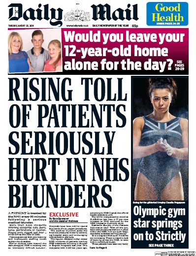 Daily Mail Newspaper Front Page for 23 August 2016