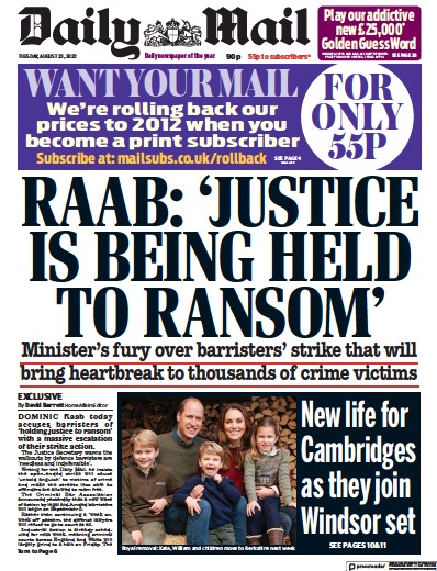Daily Mail (UK) Newspaper Front Page for 23 August 2022