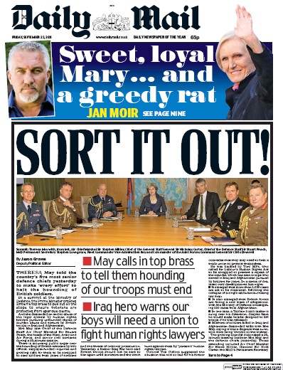 Daily Mail Newspaper Front Page for 23 September 2016